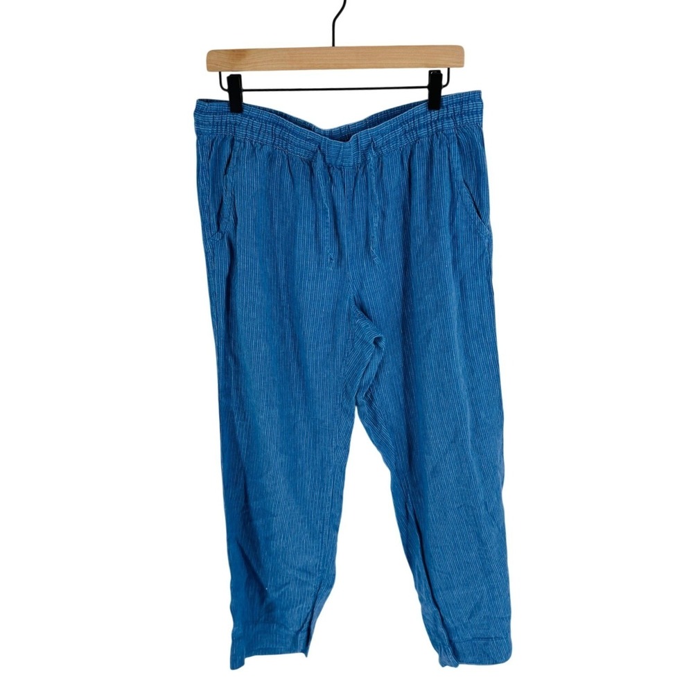 L.L.Bean Linen Pull On Pants Straight Leg Elastic Waist‎ Blue Pinstripe 14 Pet